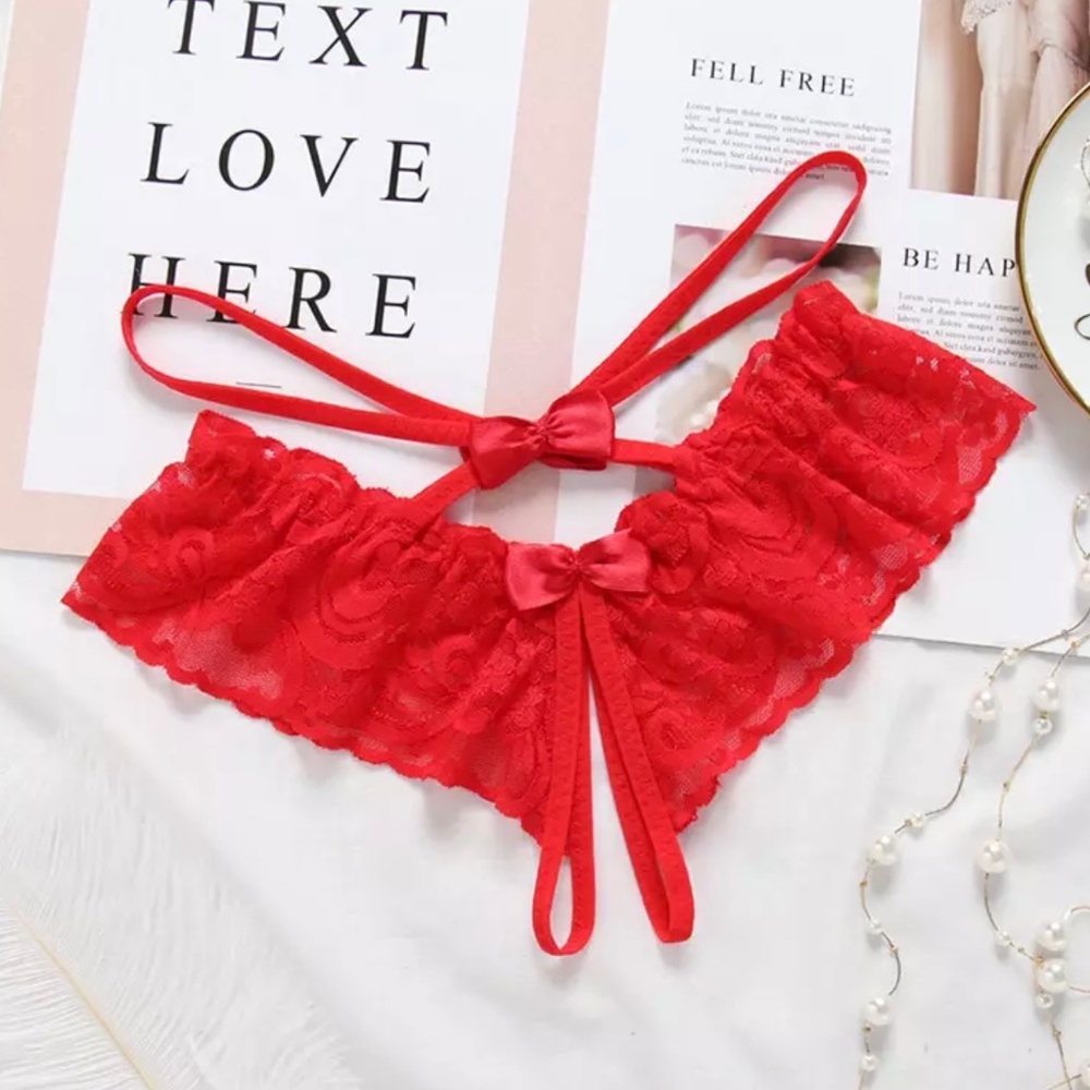 Red Floral Lace Crotchless Panties